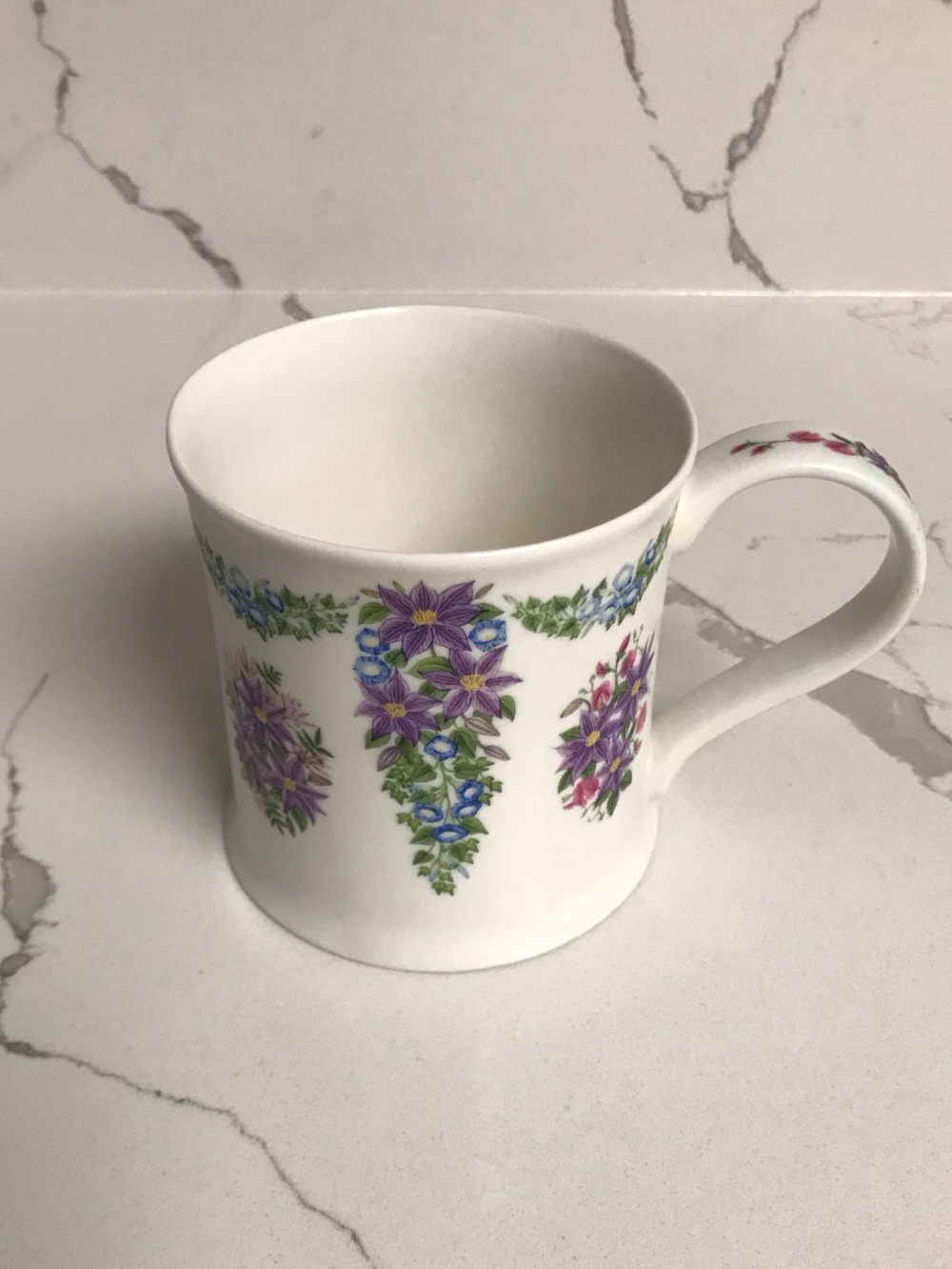 Dunoon Garlands Floral Fine Bone China Mug in White with Purple Bloom Design